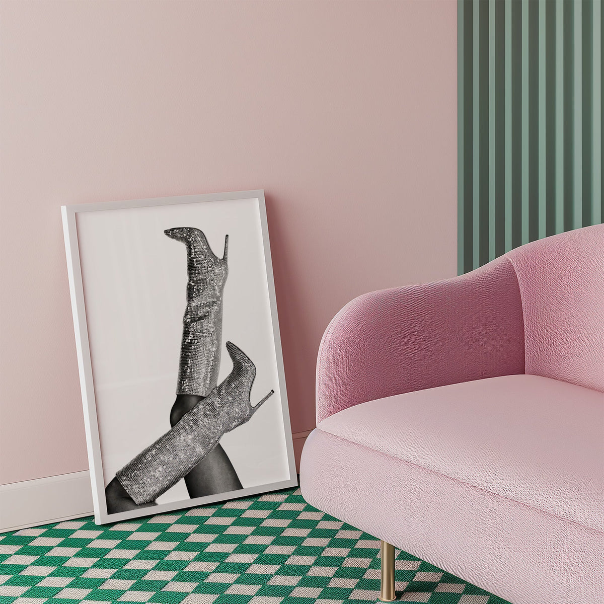 Silver sequin knee-high stiletto boots print in a white frame beside a pink armchair on a checkered floor