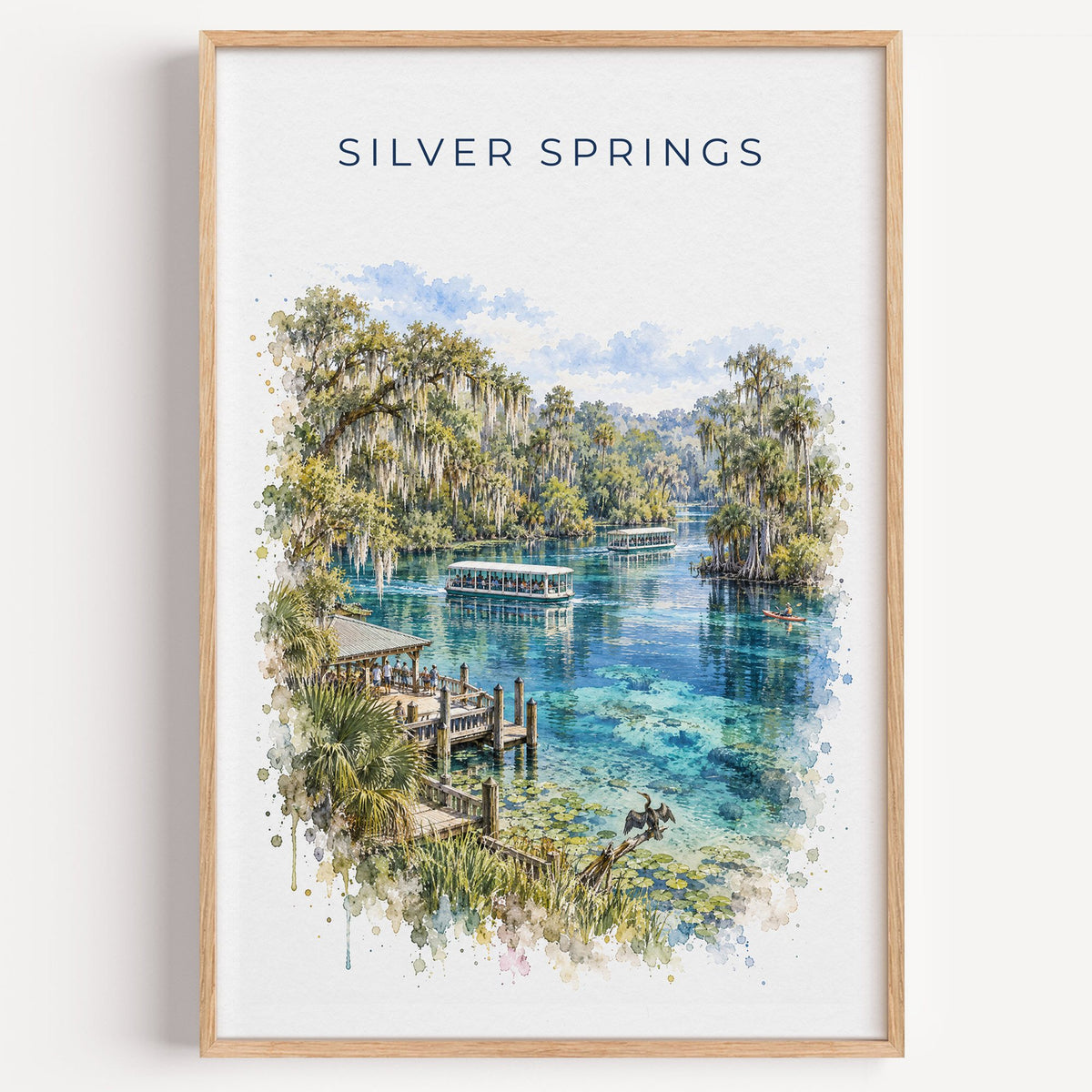 Silver Springs State Park watercolor print in a light oak frame on a plain white wall