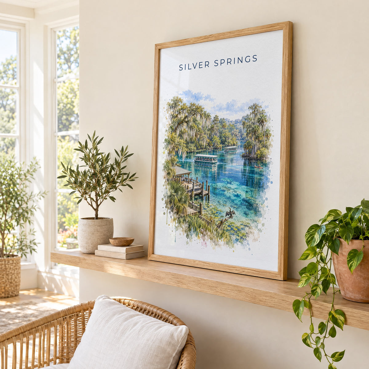 Silver Springs State Park watercolor print in an oak frame on a picture ledge in a sunlit sunroom