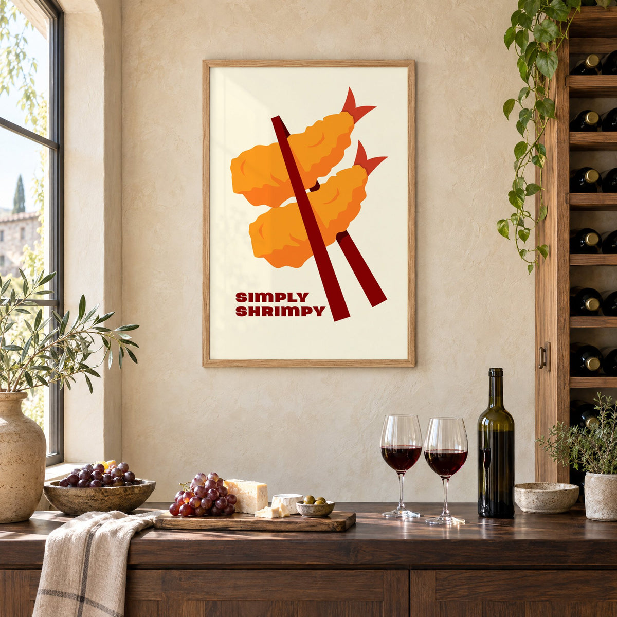 SIMPLY SHRIMPY tempura shrimp chopsticks print in an oak frame on a limewashed wall above a wine counter with red wine, cheese and grapes