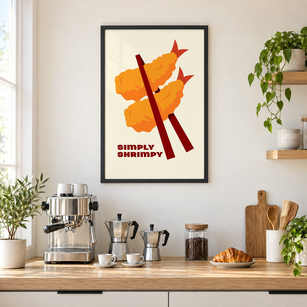 SIMPLY SHRIMPY tempura shrimp chopsticks print in a black frame above a home espresso bar with moka pots and espresso cups