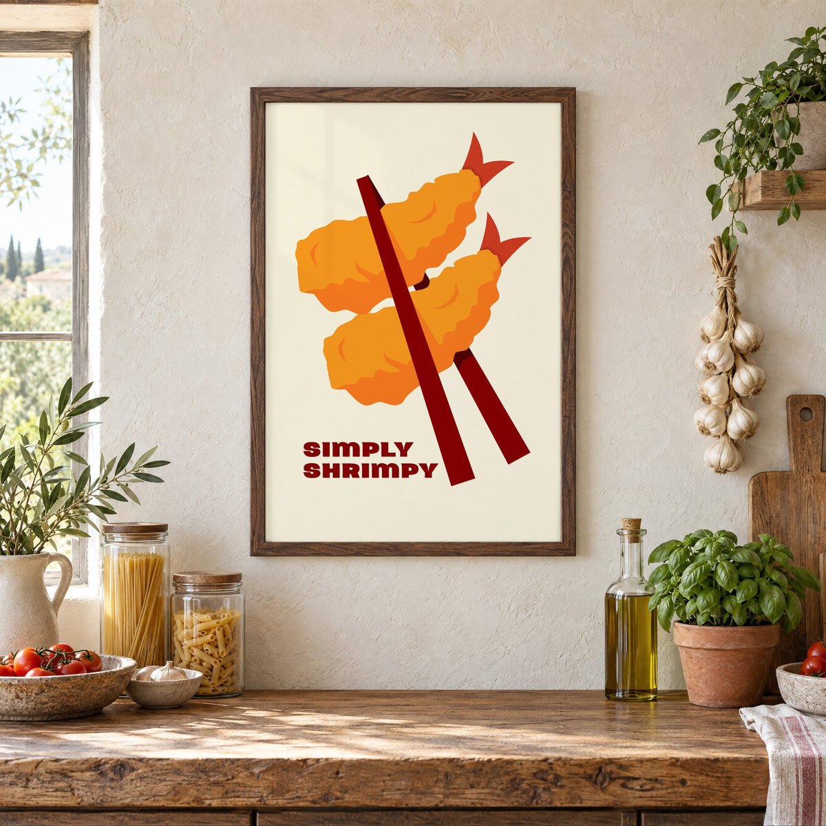 SIMPLY SHRIMPY tempura shrimp chopsticks print in a walnut frame above a rustic Italian pantry counter with pasta jars, garlic and tomatoes