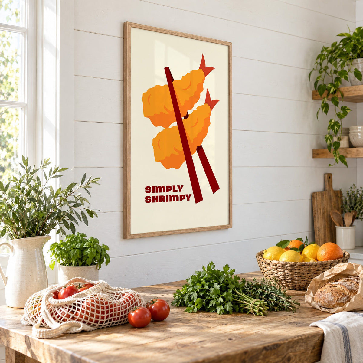 SIMPLY SHRIMPY tempura shrimp chopsticks print in an oak frame on a shiplap wall above a farm table with market tomatoes and citrus, seen at an angle