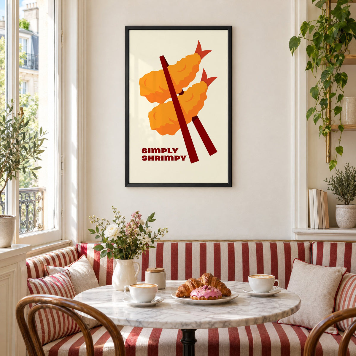 SIMPLY SHRIMPY tempura shrimp chopsticks print in a black frame above a striped cafe breakfast nook with cappuccino and pastries