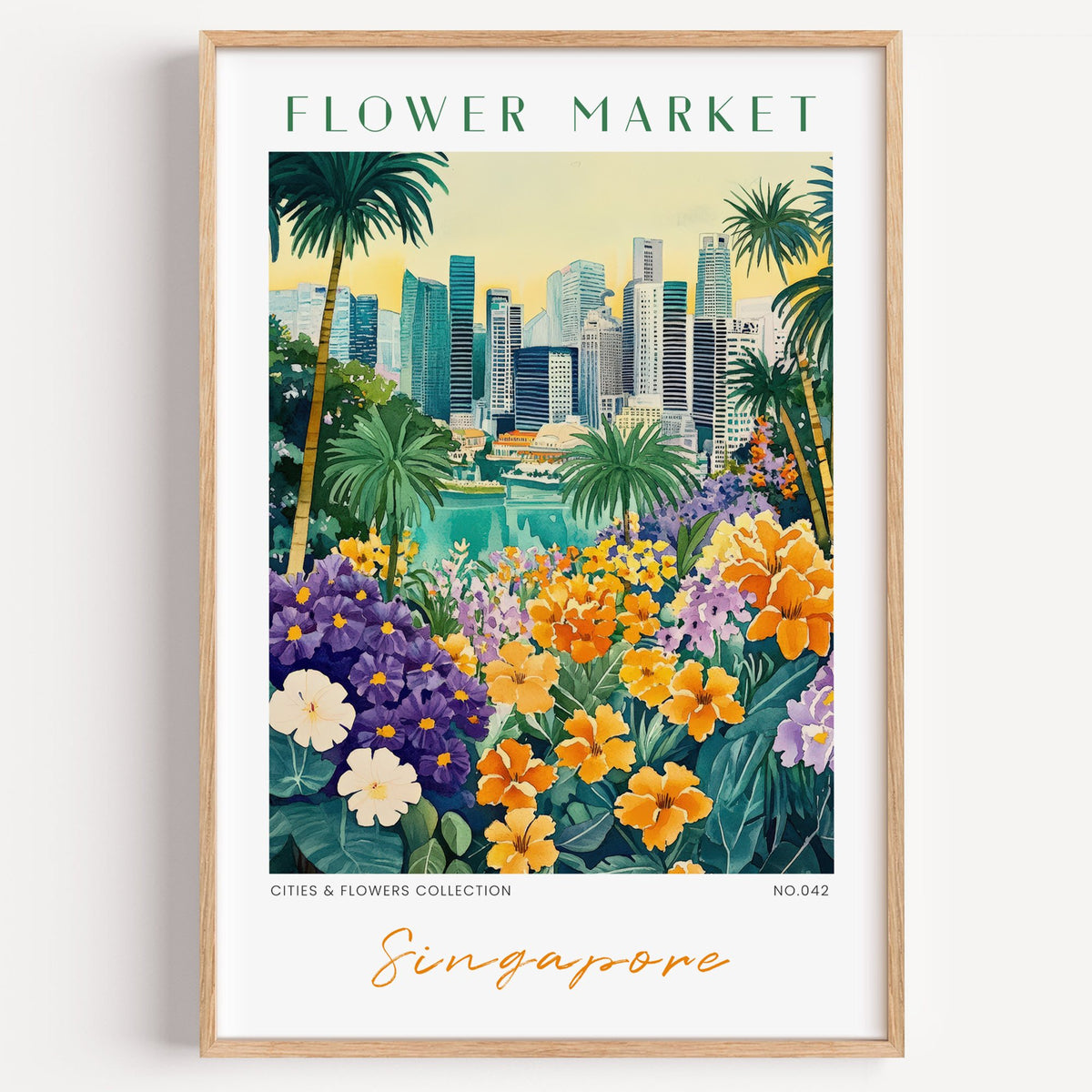 Singapore flower market print in a light oak frame on a plain white wall