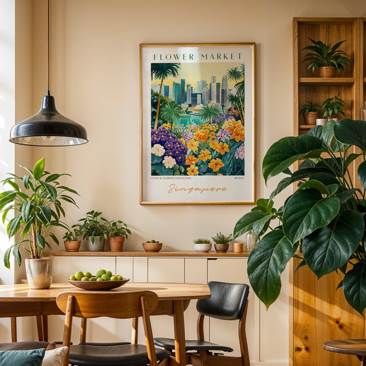 Singapore flower market print in an oak frame above a dining sideboard lined with potted plants