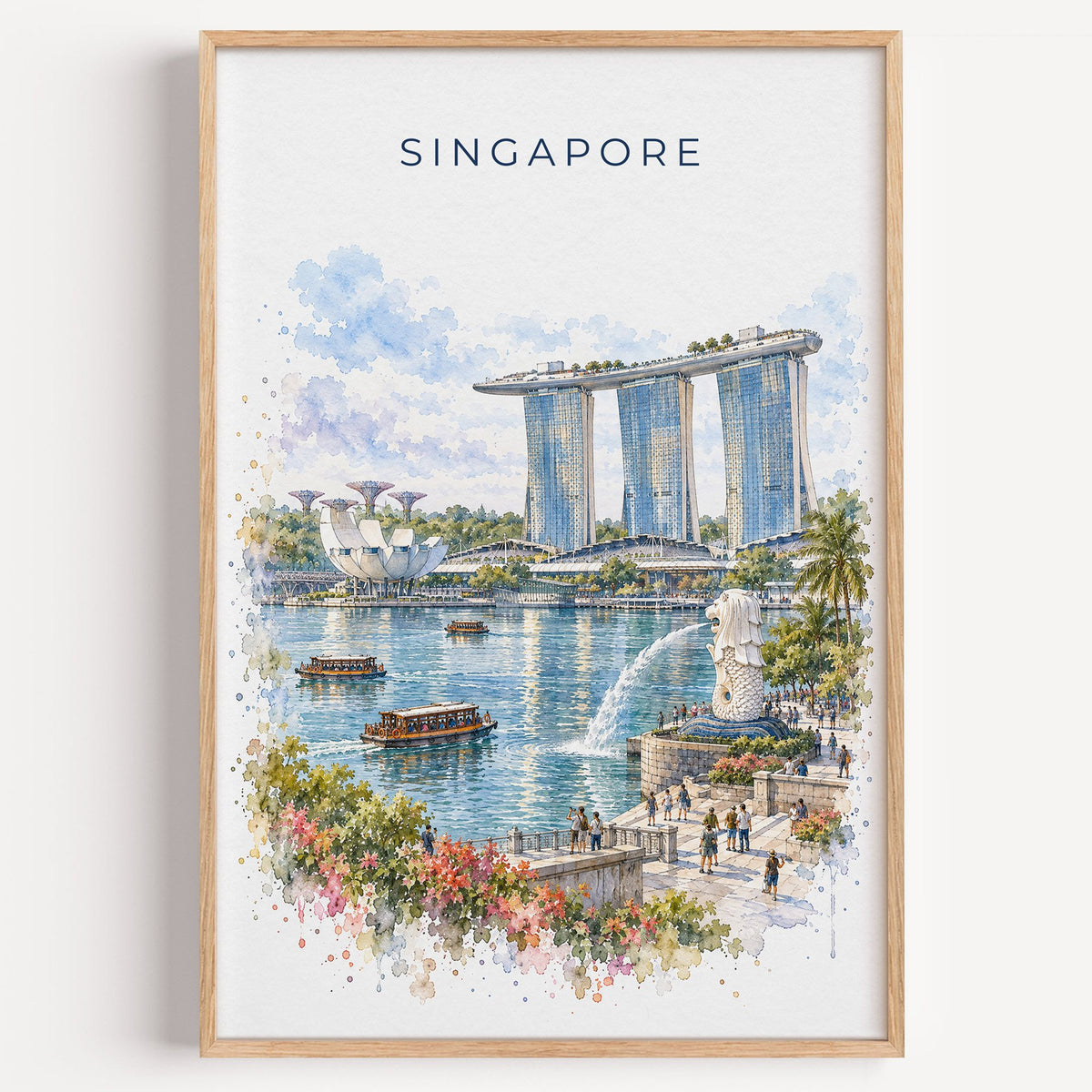 Singapore watercolor print in a light oak frame on a plain white wall