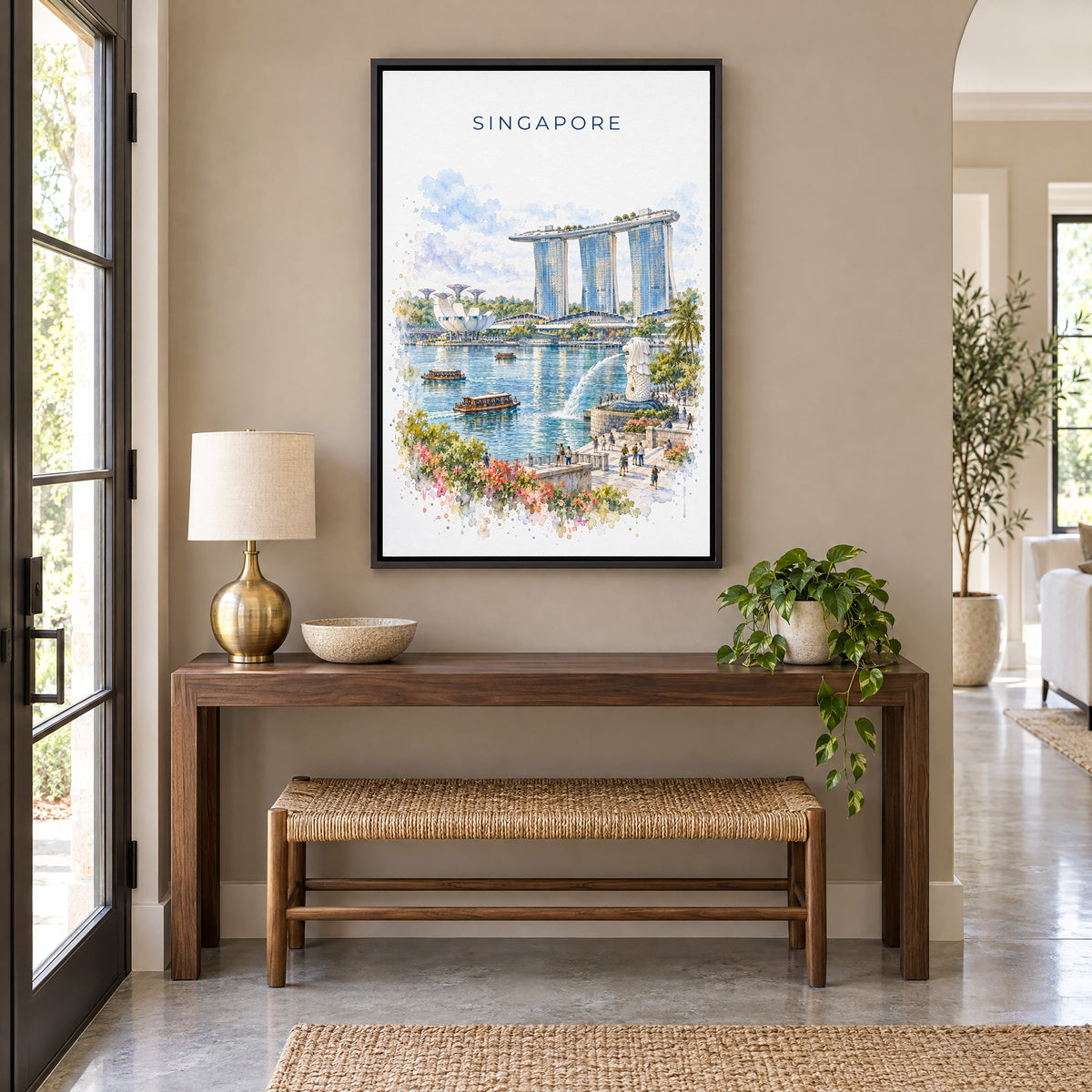 Singapore watercolor print as a black floater canvas above a walnut console and woven bench in an entryway