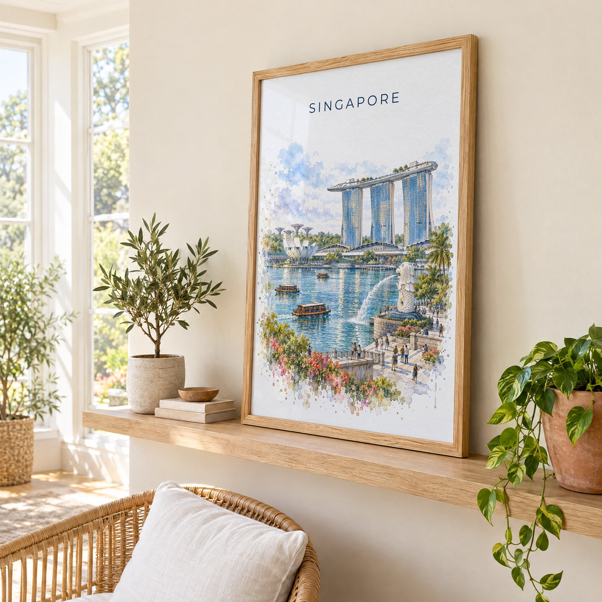Singapore watercolor print in an oak frame on a picture ledge in a sunlit sunroom