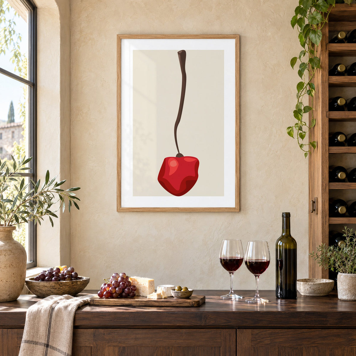 Single red cherry long stem minimalist print in an oak frame on a limewashed wall above a wine counter with red wine, cheese and grapes