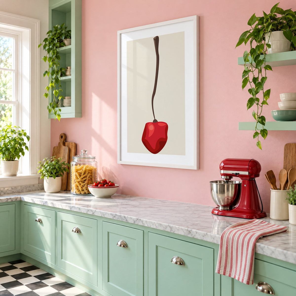 Single red cherry long stem minimalist print in a white frame on a pink wall above mint green cabinets in a retro kitchen, seen at an angle