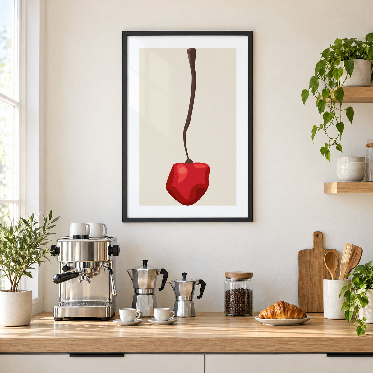 Single red cherry long stem minimalist print in a black frame above a home espresso bar with moka pots and espresso cups