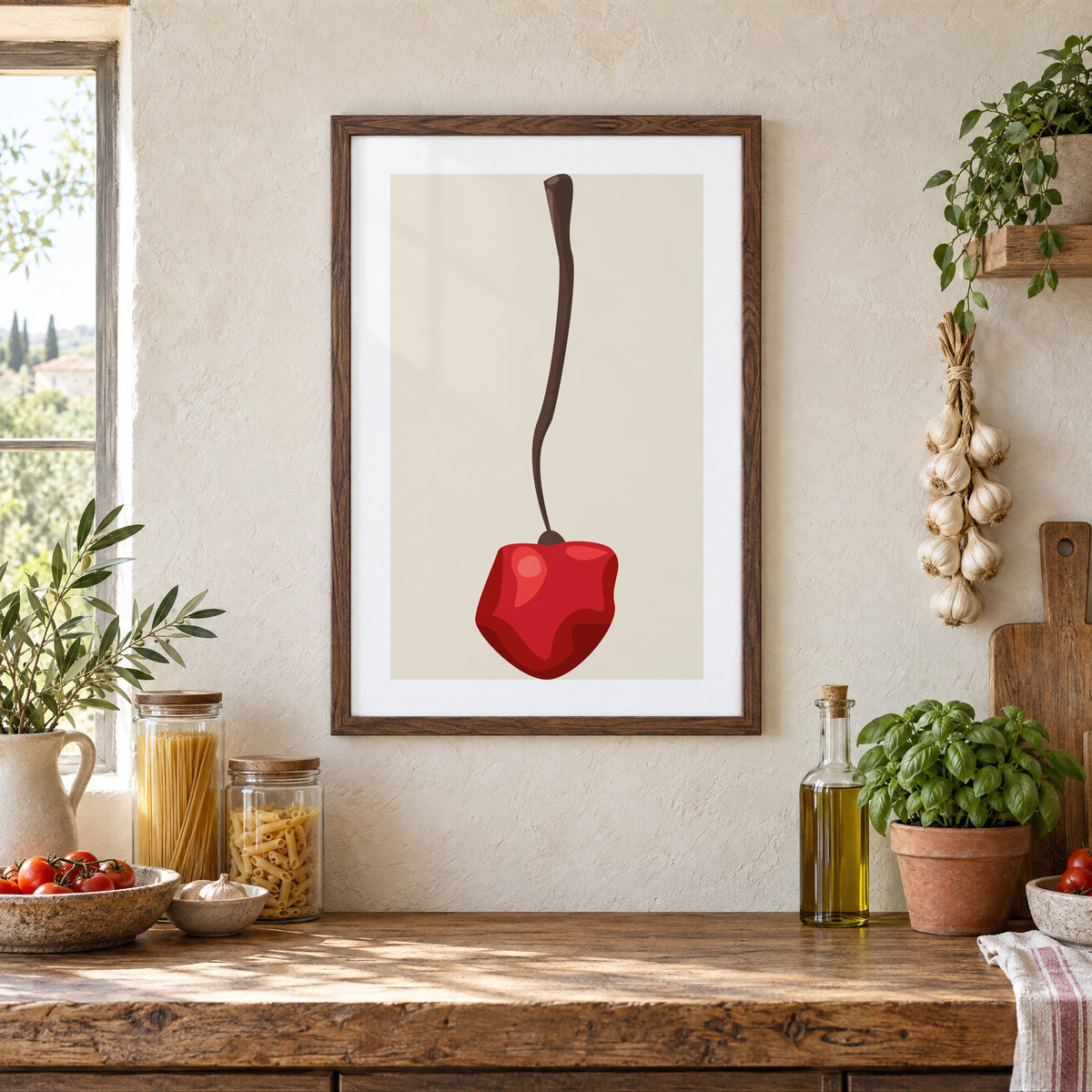 Single red cherry long stem minimalist print in a walnut frame above a rustic Italian pantry counter with pasta jars, garlic and tomatoes