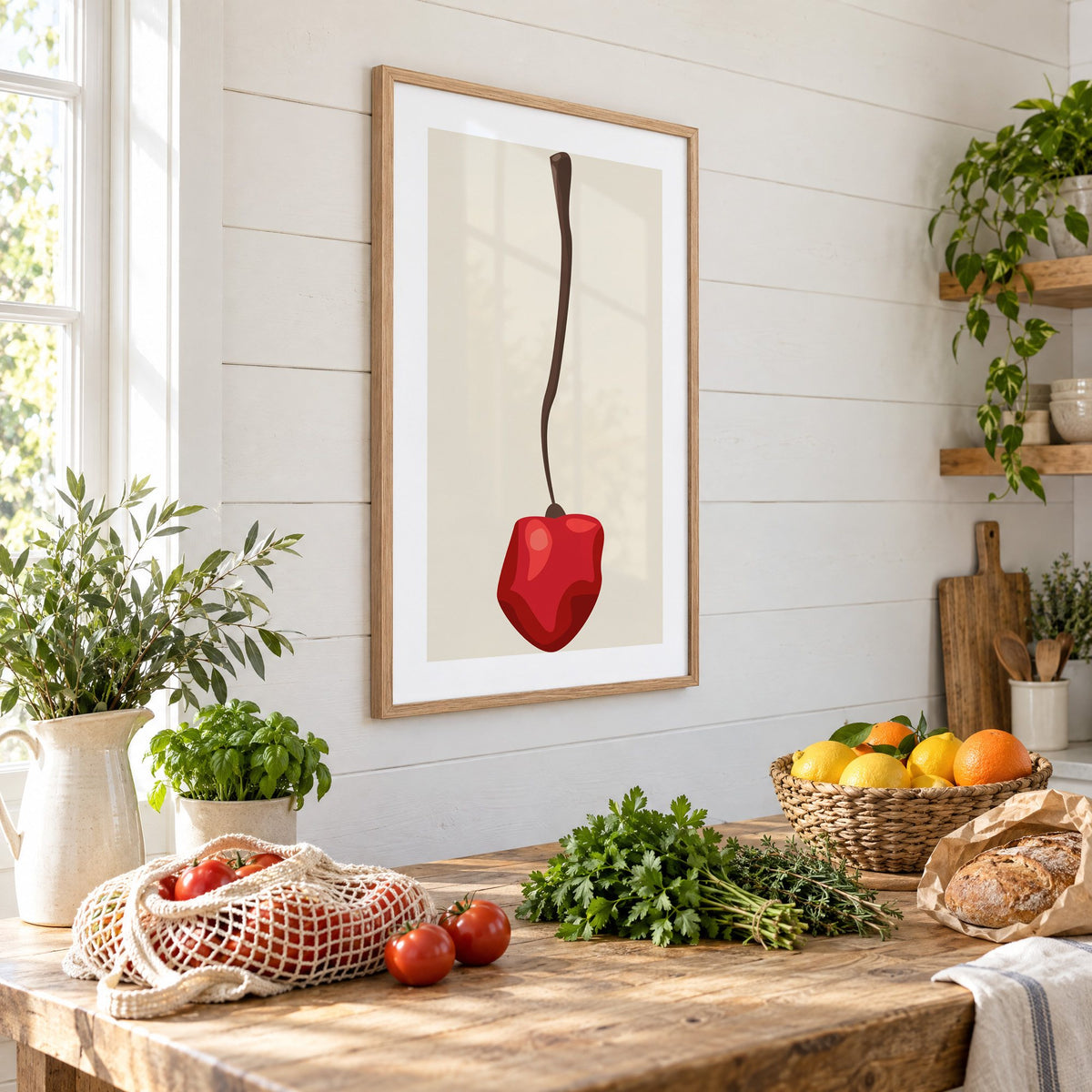Single red cherry long stem minimalist print in an oak frame on a shiplap wall above a farm table with market tomatoes and citrus, seen at an angle
