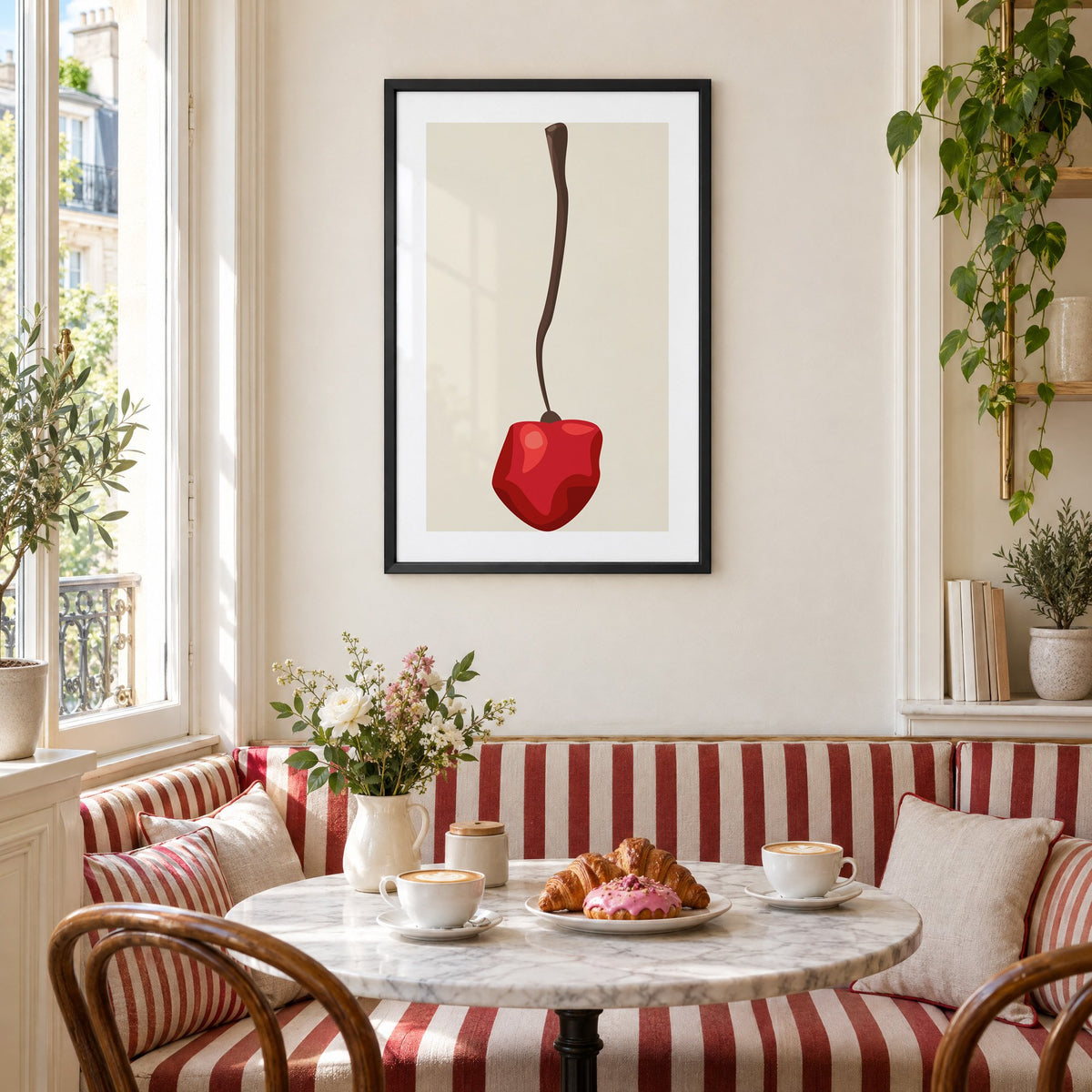 Single red cherry long stem minimalist print in a black frame above a striped cafe breakfast nook with cappuccino and pastries