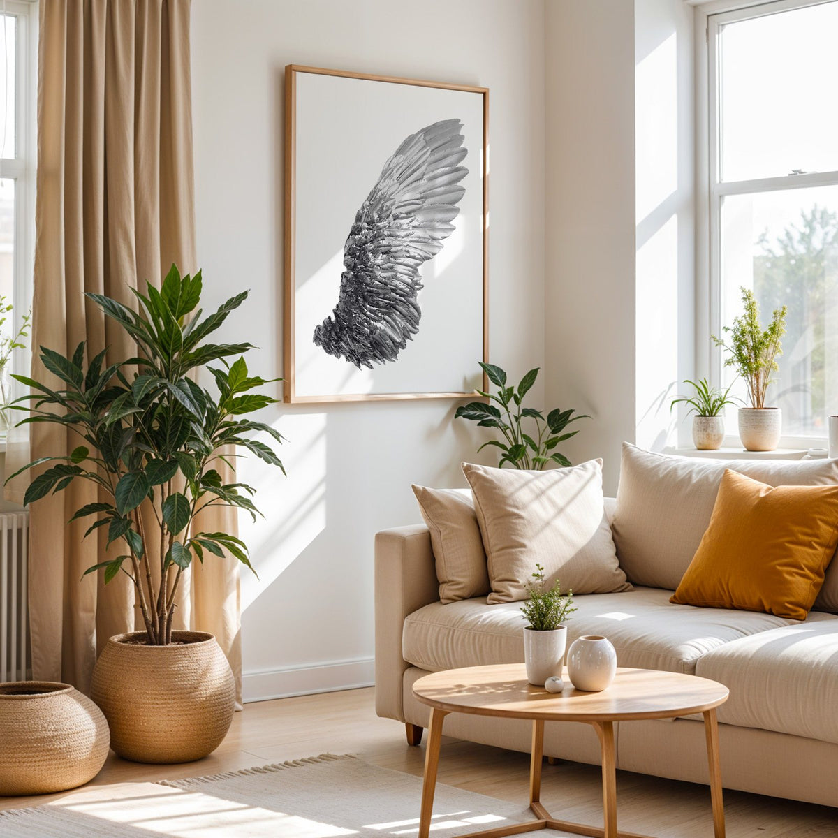 Single silver metallic wing on white print in an oak frame above a cream sofa beside woven planters
