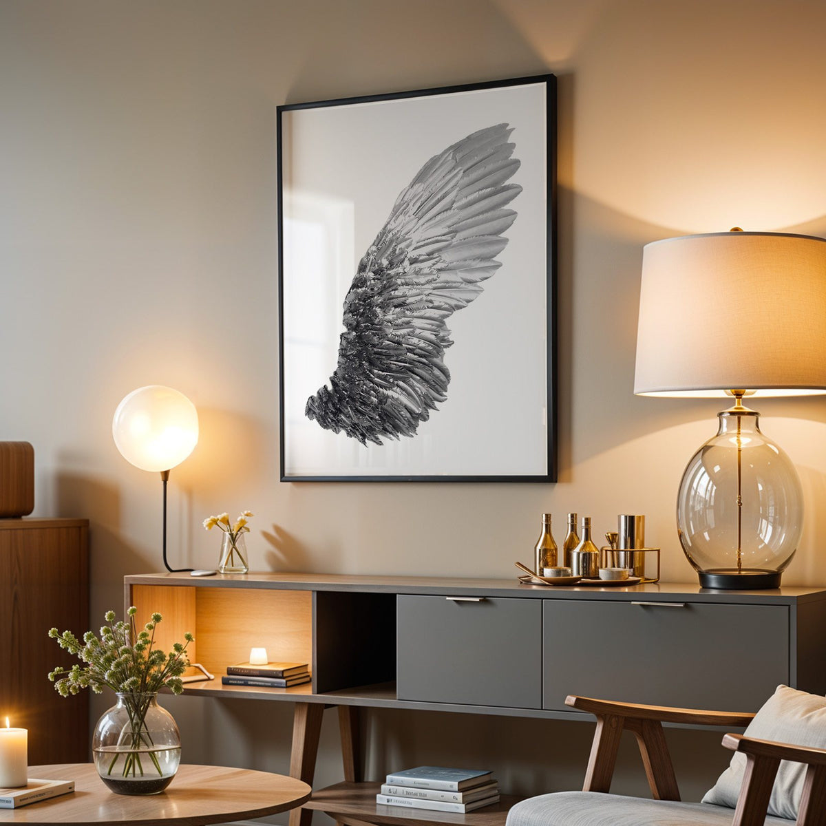 Single silver metallic wing on white print in a black frame above a grey media console with a glass table lamp