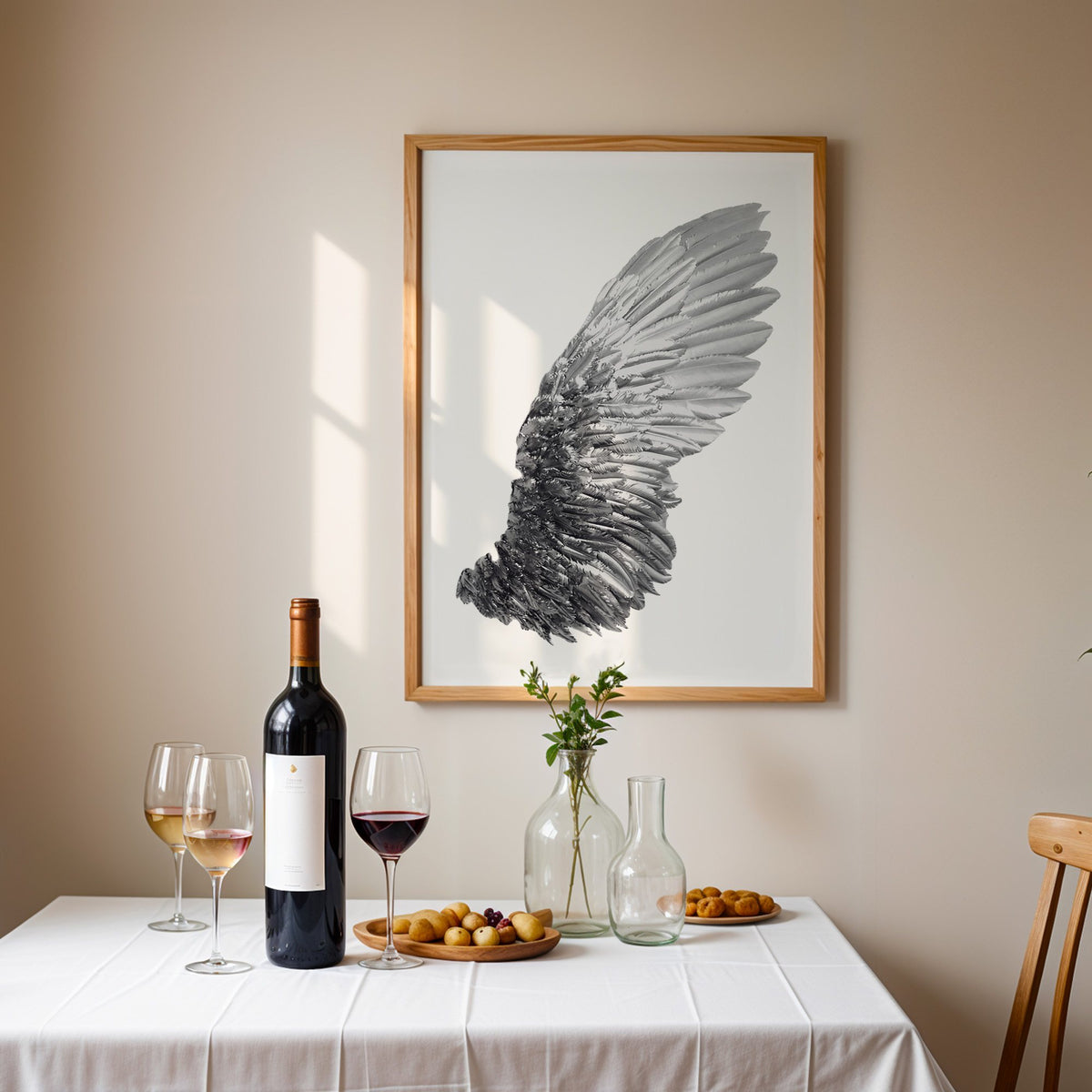 Single silver metallic wing on white print in an oak frame above a table set with red wine and glasses