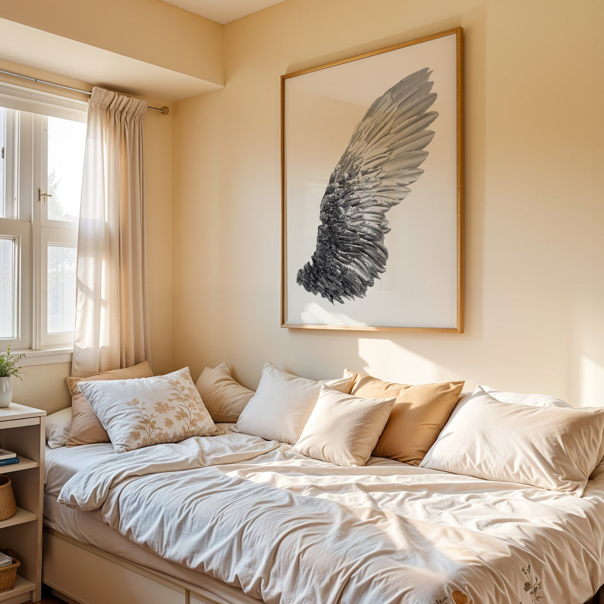 Single silver metallic wing on white print in an oak frame above a cream daybed in a sunny bedroom