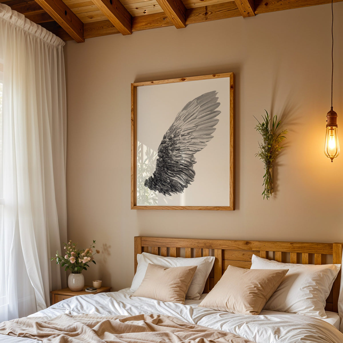 Single silver metallic wing on white print in a pine frame above a wood headboard bed under a pendant bulb