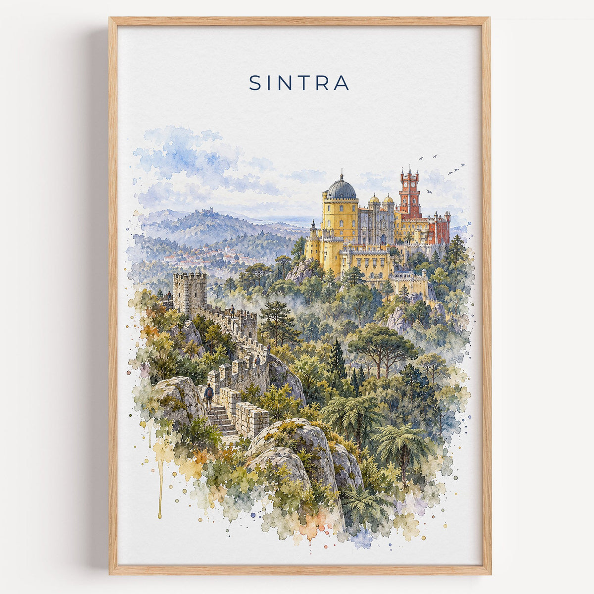 Sintra watercolor print in a light oak frame on a plain white wall