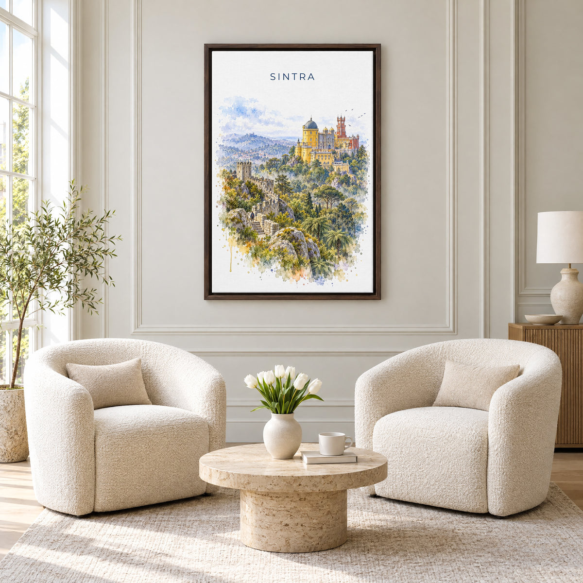Sintra watercolor print as an espresso floater canvas above two boucle armchairs in a hotel lounge