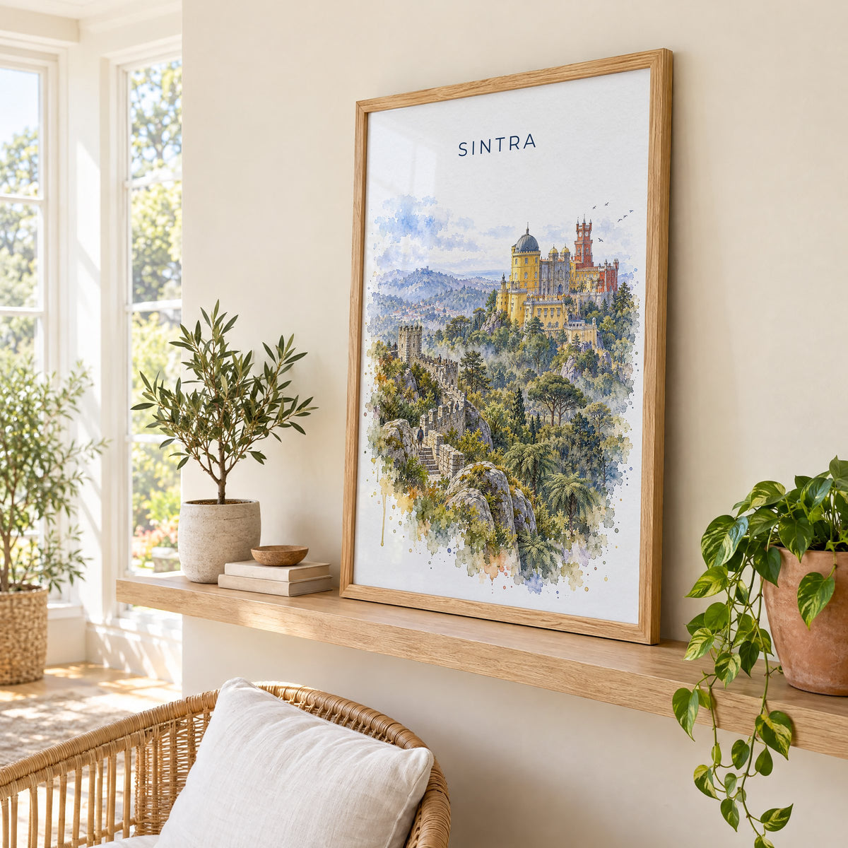 Sintra watercolor print in an oak frame on a picture ledge in a sunlit sunroom