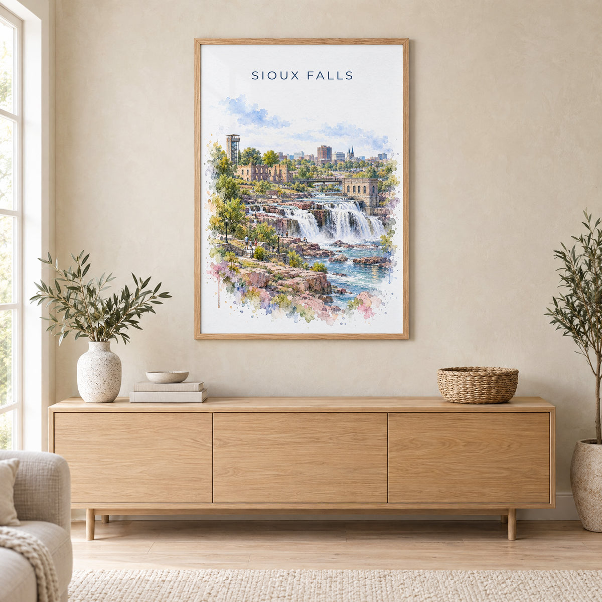 Sioux Falls watercolor print in an oak frame above a light wood sideboard in a Scandinavian living room