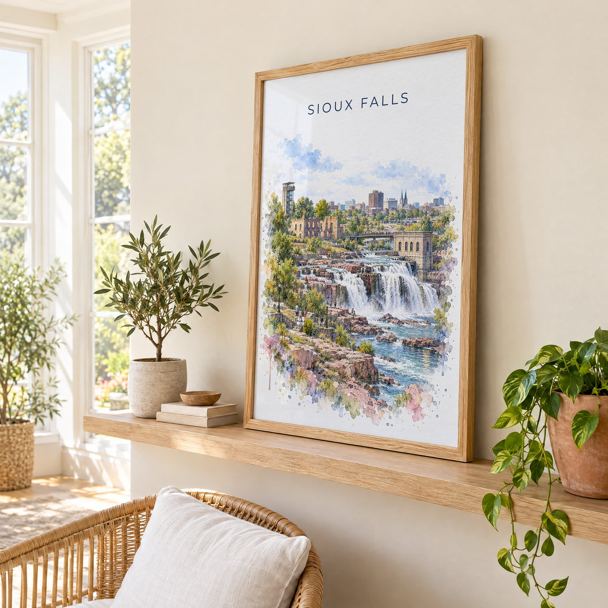 Sioux Falls watercolor print in an oak frame on a picture ledge in a sunlit sunroom