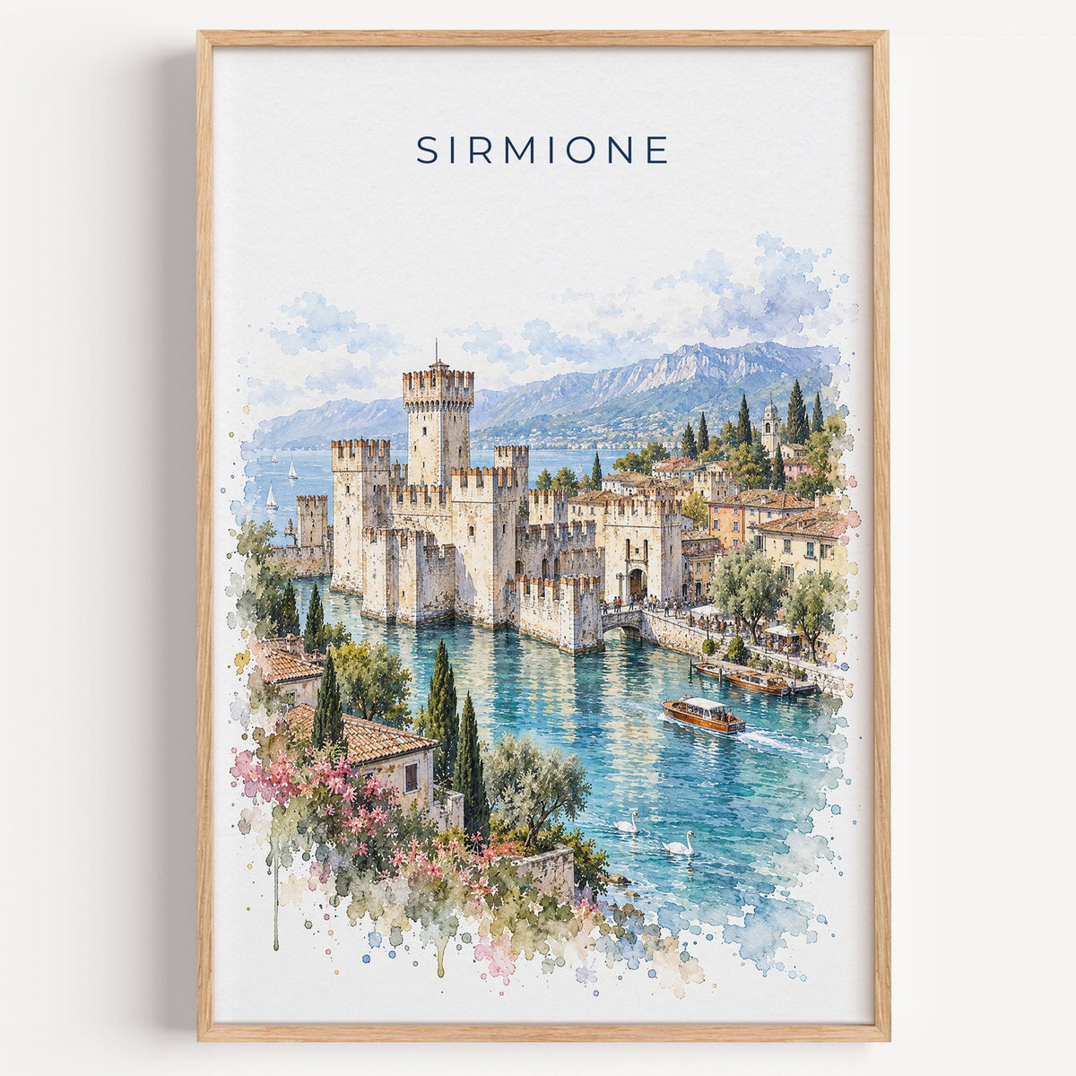 Sirmione watercolor print in a light oak frame on a plain white wall