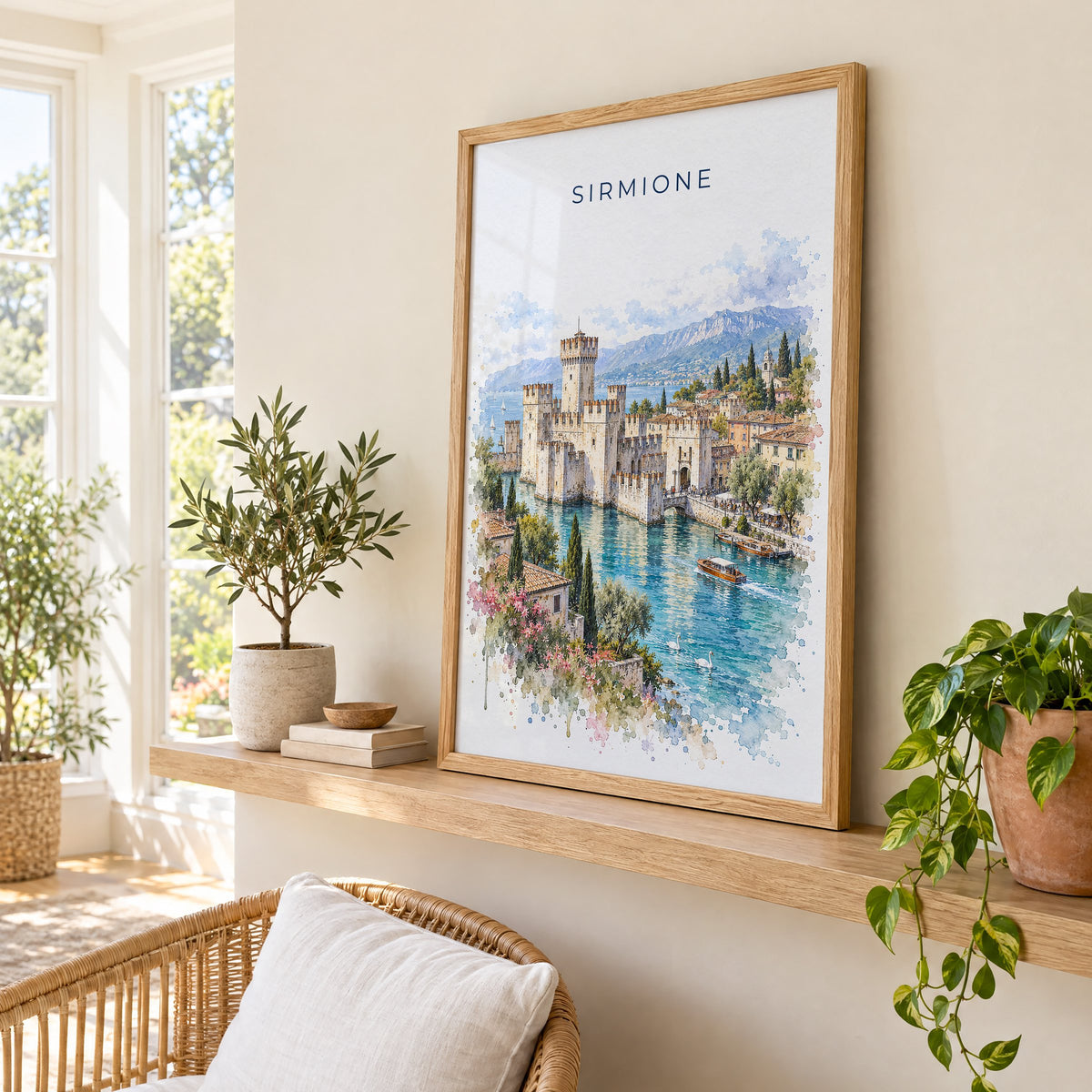 Sirmione watercolor print in an oak frame on a picture ledge in a sunlit sunroom