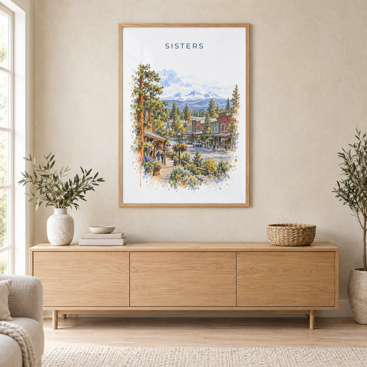 Sisters, Oregon watercolor print in an oak frame above a light wood sideboard in a Scandinavian living room