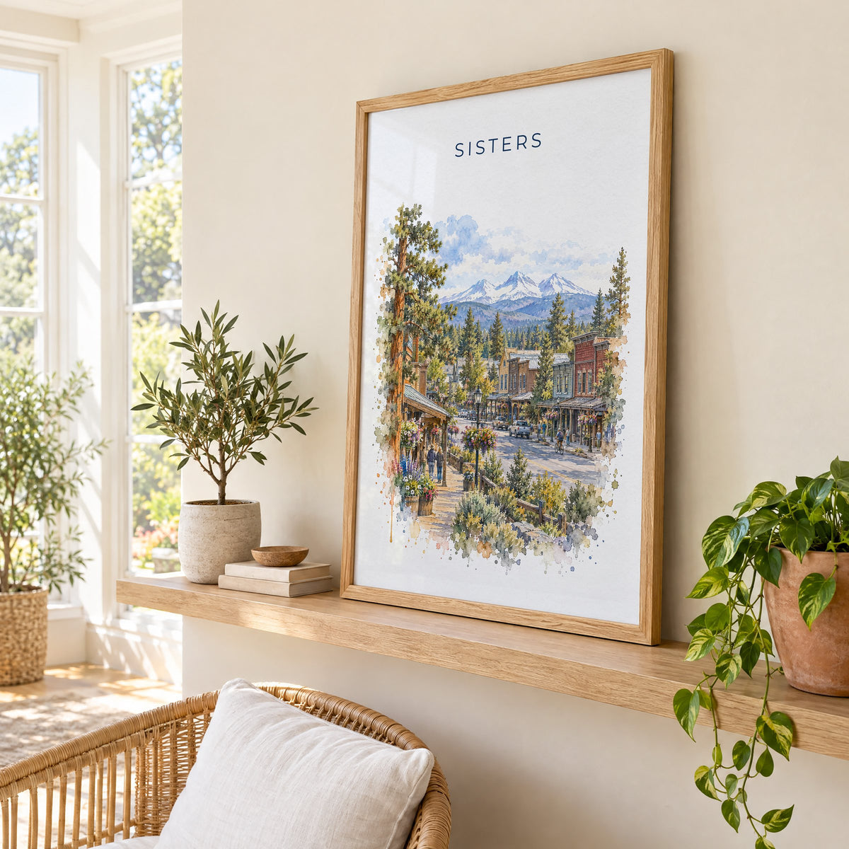 Sisters, Oregon watercolor print in an oak frame on a picture ledge in a sunlit sunroom