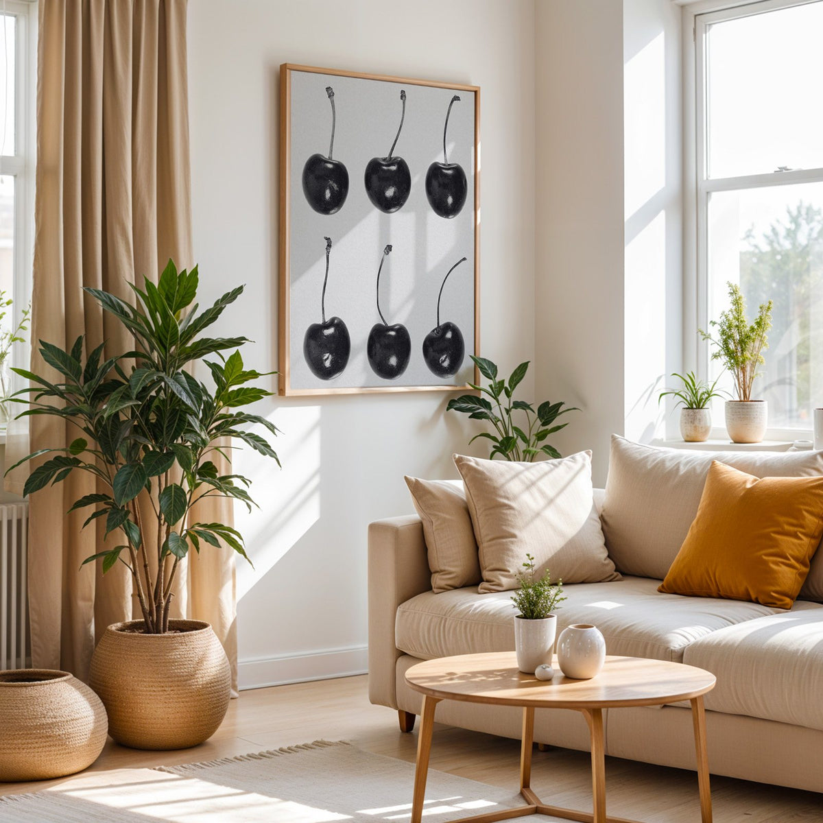 Six glossy black cherries in a grid on gray print in an oak frame above a cream sofa beside woven planters