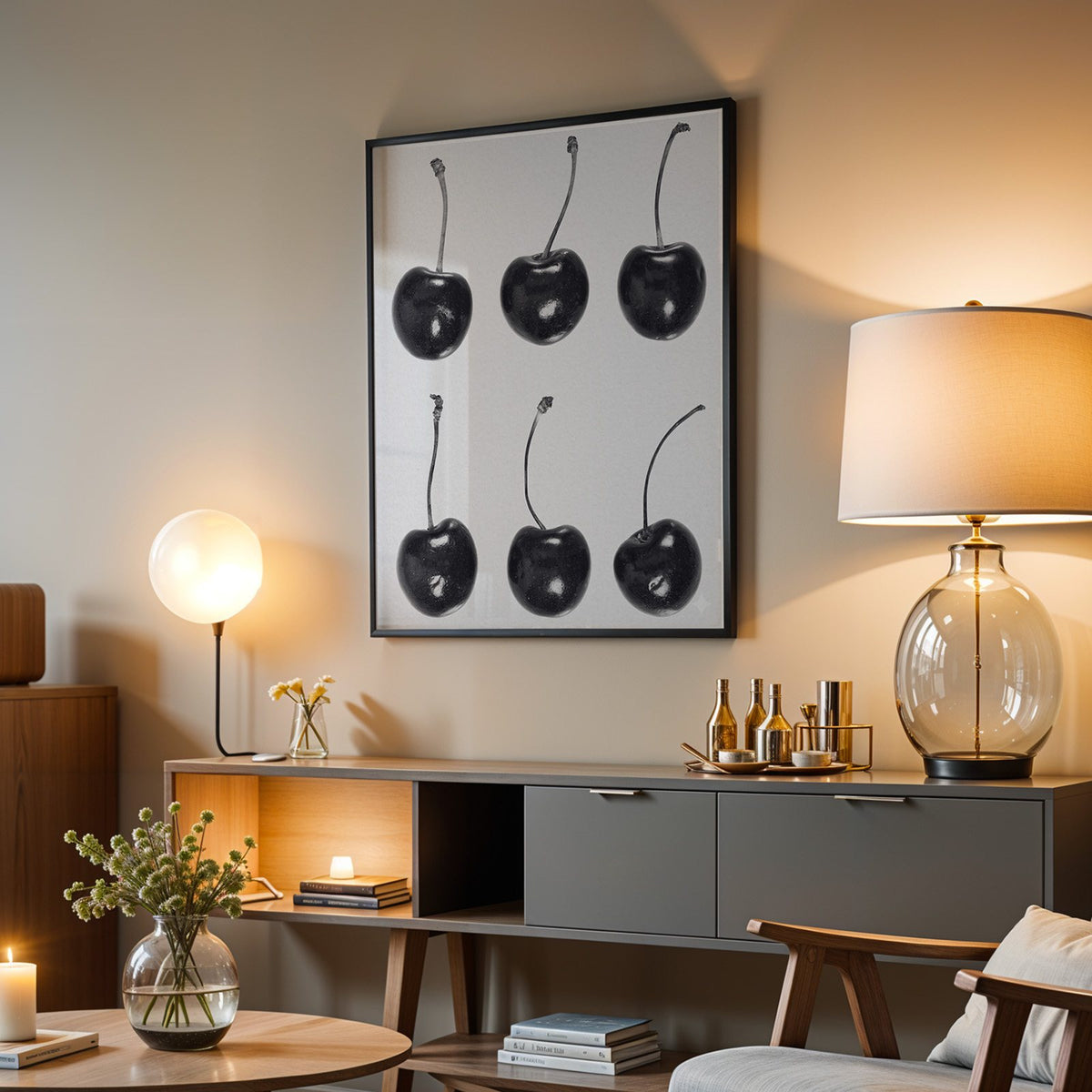 Six glossy black cherries in a grid on gray print in a black frame above a grey media console with a glass table lamp