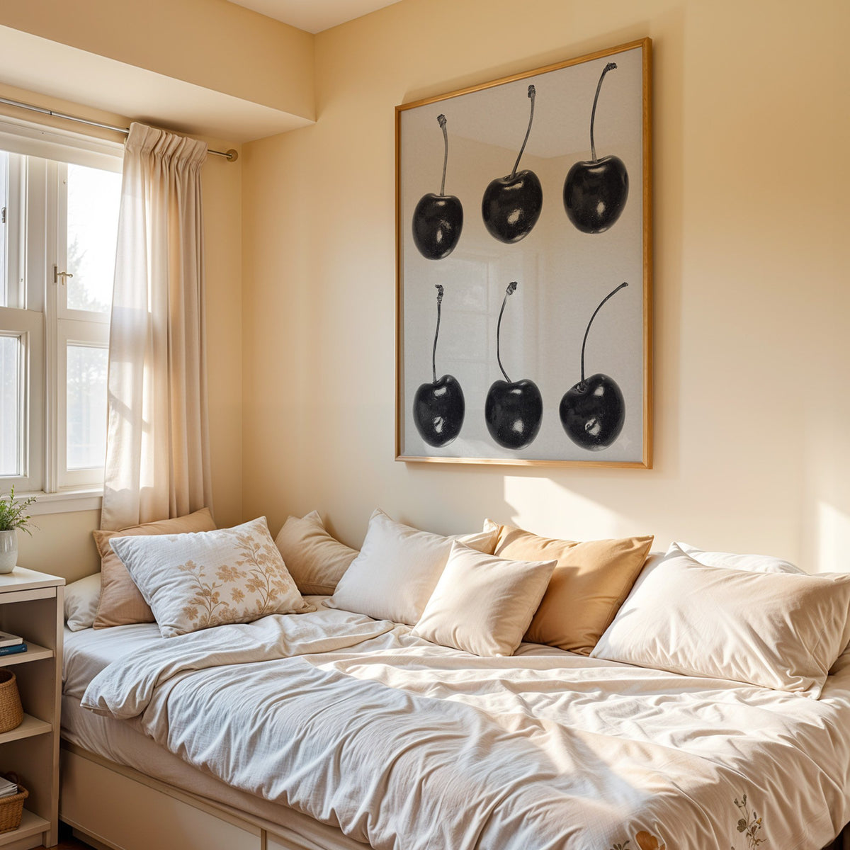 Six glossy black cherries in a grid on gray print in an oak frame above a cream daybed in a sunny bedroom