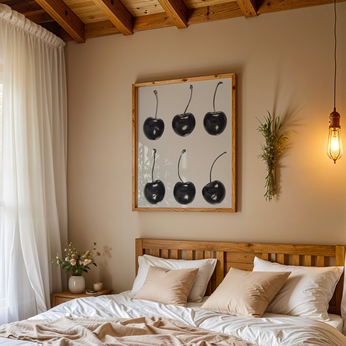 Six glossy black cherries in a grid on gray print in a pine frame above a wood headboard bed under a pendant bulb