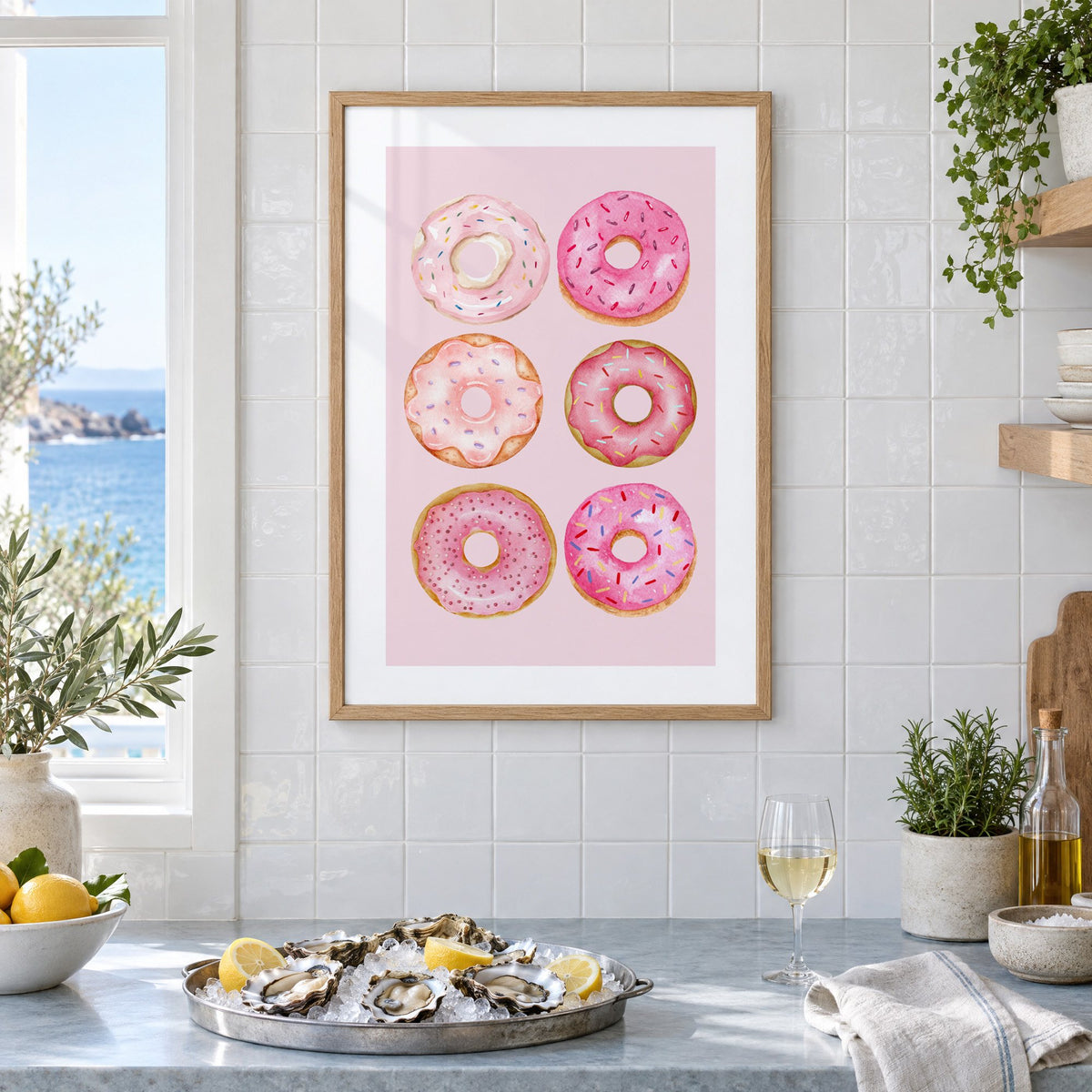 Six pink watercolor donuts print in an oak frame on white tiles above a marble counter with oysters and lemons by a sea view