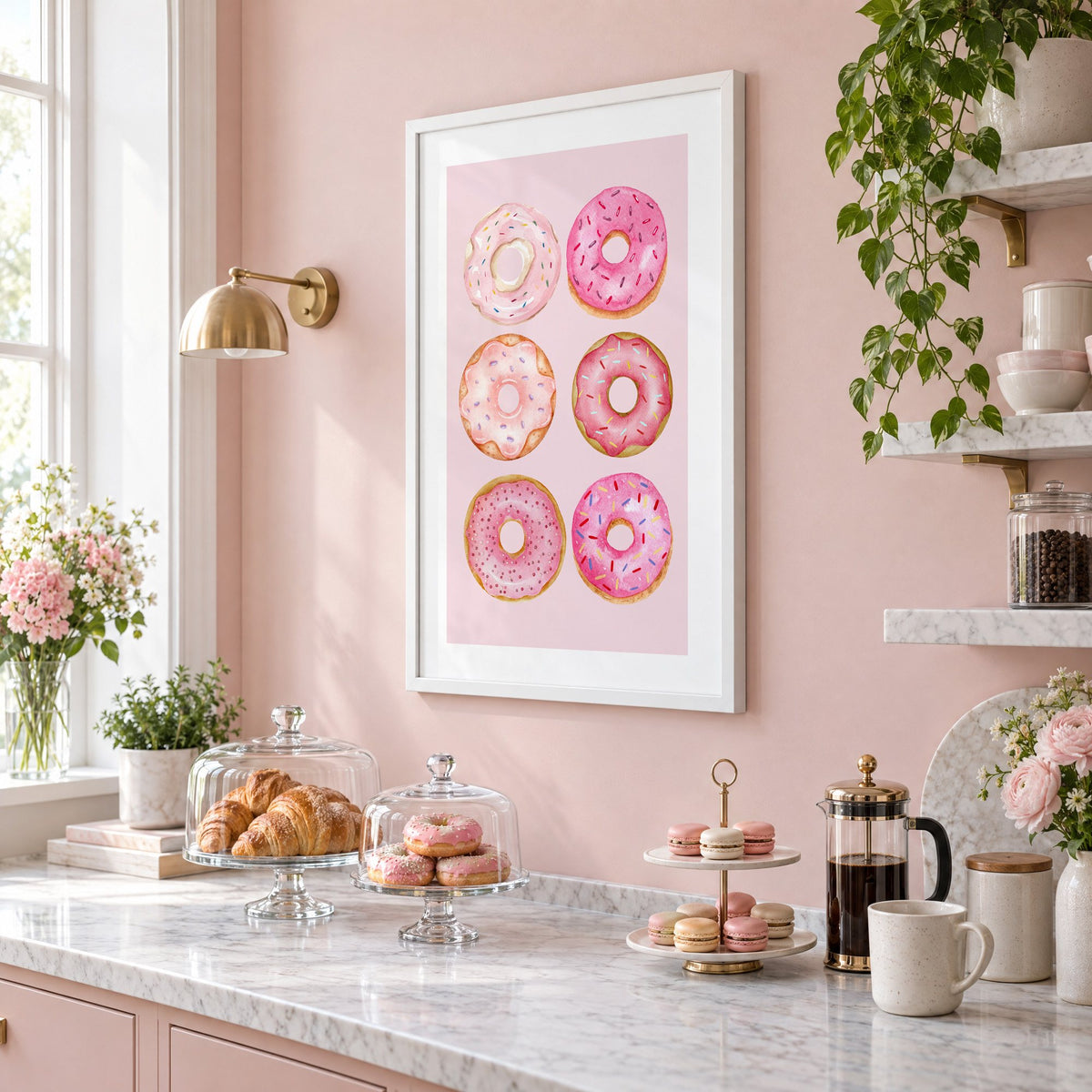 Six pink watercolor donuts print in a white frame on a blush pink wall above a patisserie counter with croissants and macarons, seen at an angle