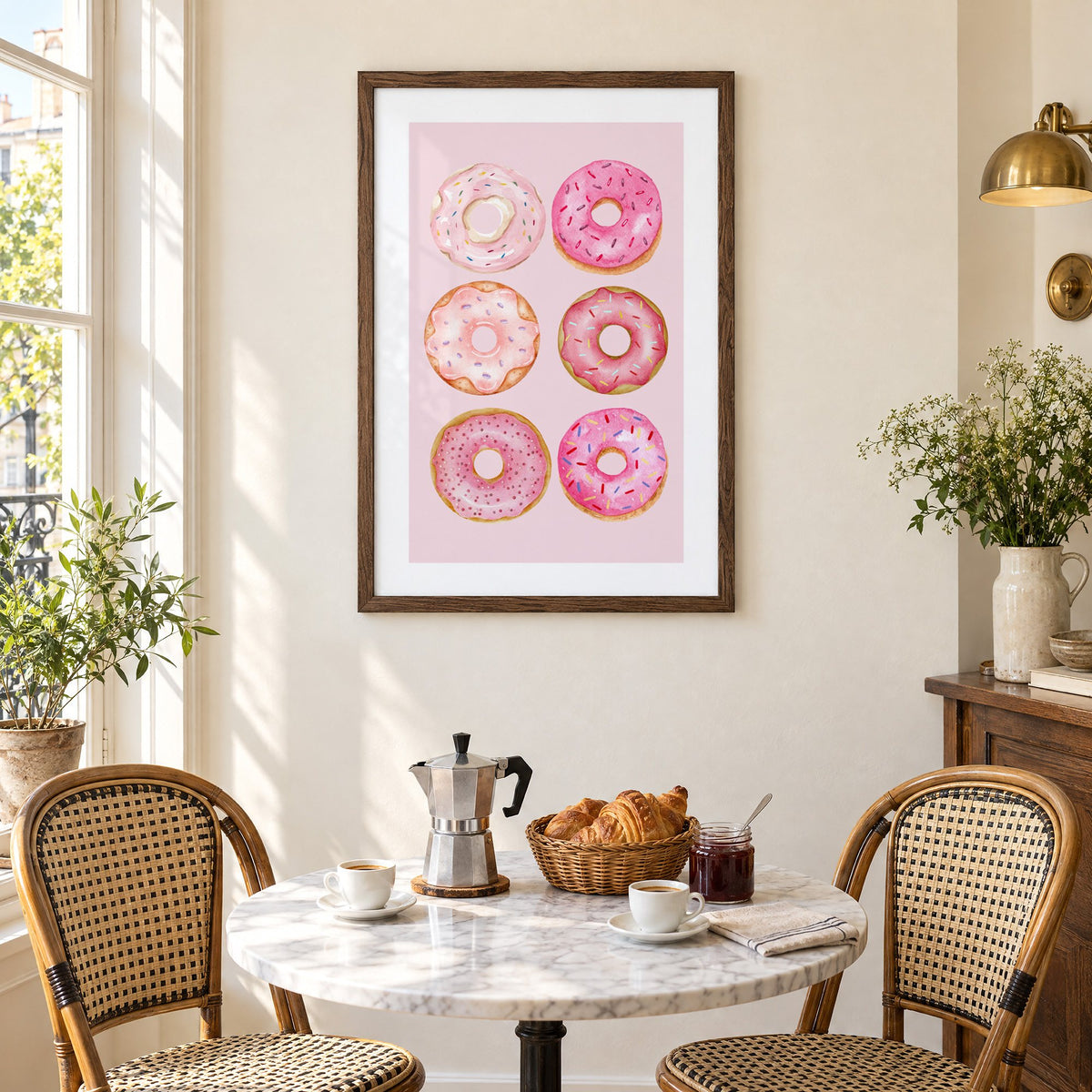Six pink watercolor donuts print in a walnut frame above a marble bistro table with croissants and rattan chairs