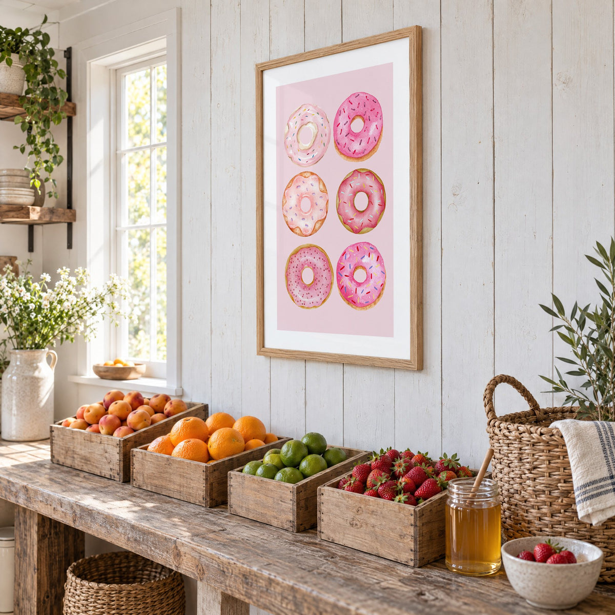 Six pink watercolor donuts print in an oak frame on white plank walls above wooden crates of fresh fruit, seen at an angle