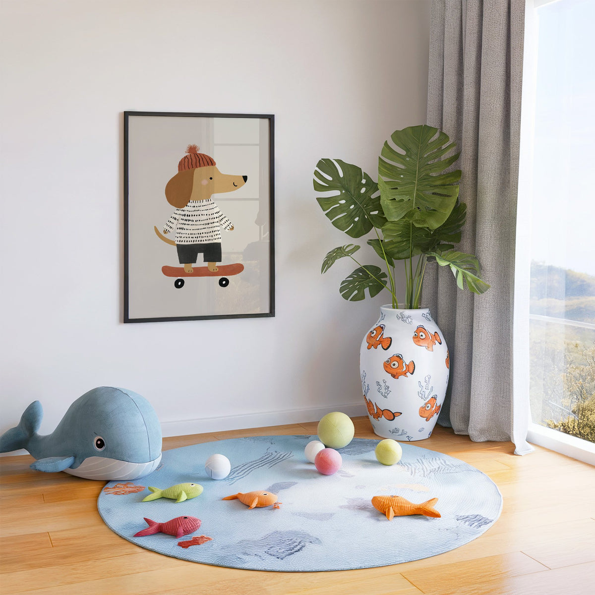 Skateboard dog pompom beanie nursery print in a black frame in a playroom with an ocean rug and whale plush