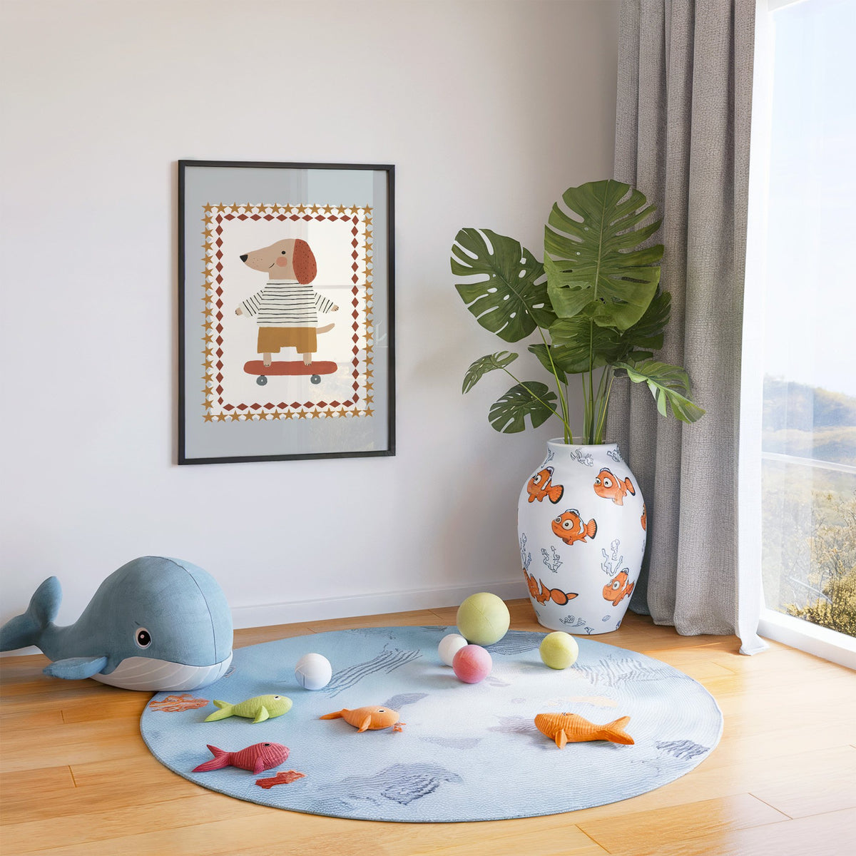 Skateboard dog star frame nursery print in a black frame in a playroom with an ocean rug and whale plush