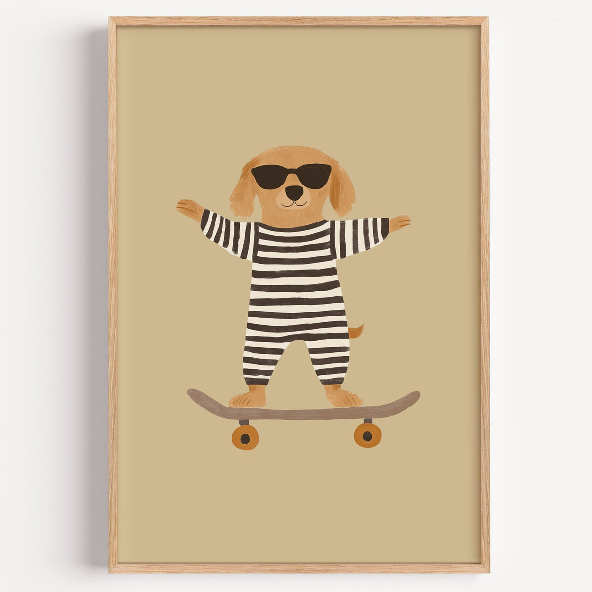 Skateboard dog striped onesie nursery print in a light oak frame on a plain white wall