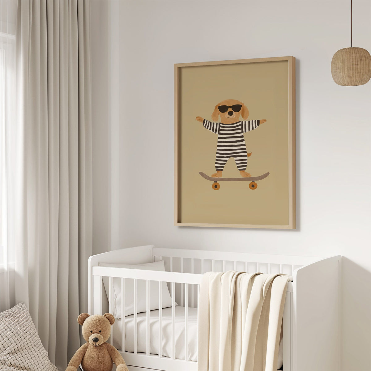 Skateboard dog striped onesie nursery print in an oak frame above a white crib with a teddy bear