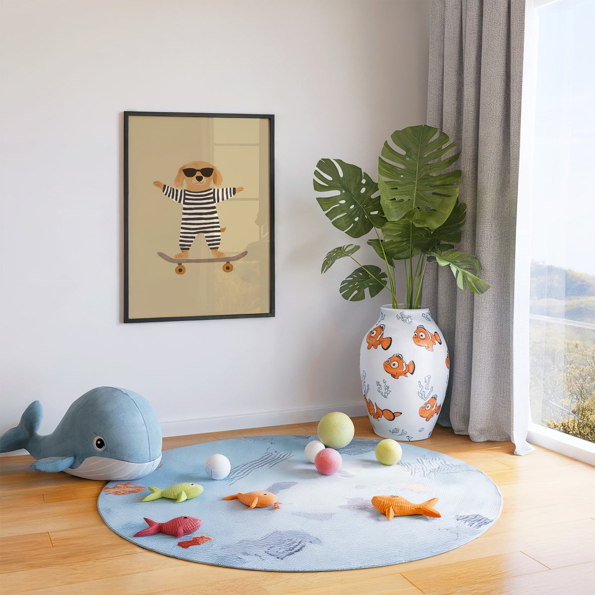 Skateboard dog striped onesie nursery print in a black frame in a playroom with an ocean rug and whale plush
