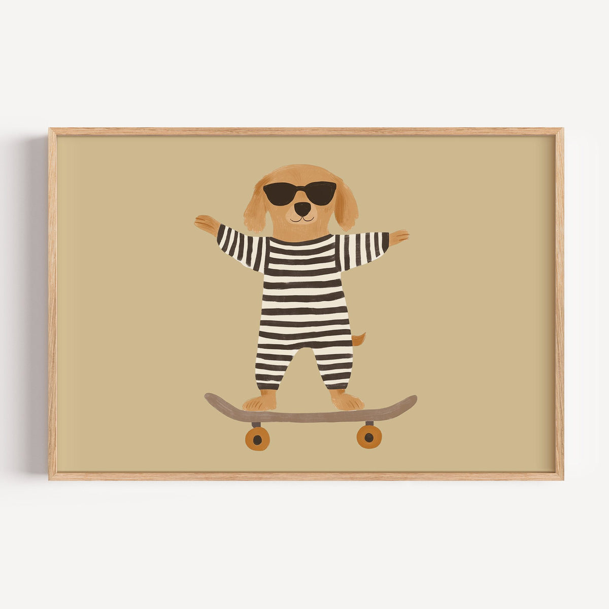 Landscape skateboard dog striped onesie nursery print in a light oak frame on a plain white wall