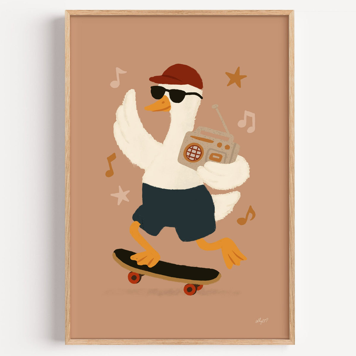 Goose on skateboard with boombox nursery print in a light oak frame on a plain white wall