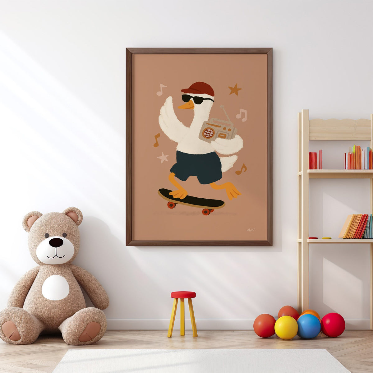 Goose on skateboard with boombox nursery print in a walnut frame above a big teddy bear by a bookshelf