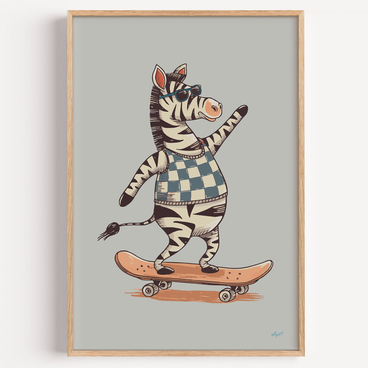 Zebra on orange skateboard nursery print in a light oak frame on a plain white wall